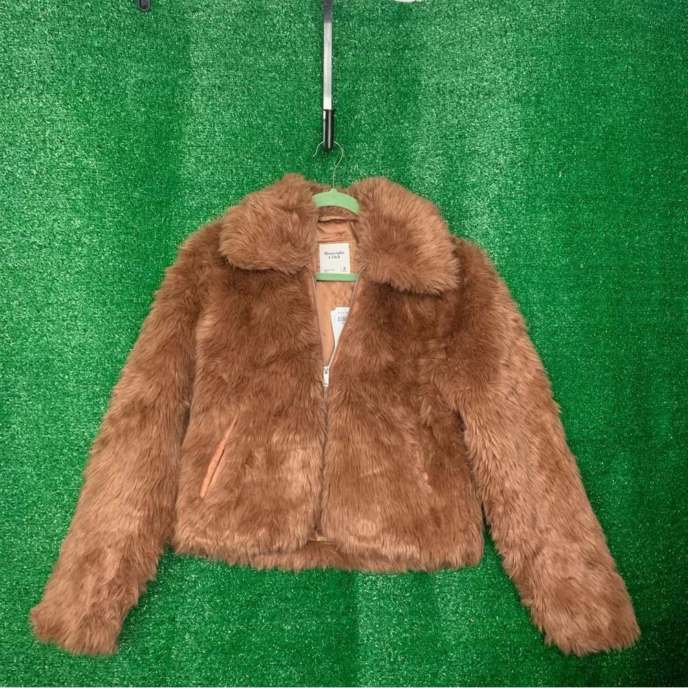 Abercrombie & Fitch Medium brown coat jacket zipper A&F faux fur